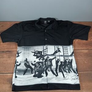 Elvis Presley Graphic Button Up Shirt Black Short Sleeve Men's XL Polyester